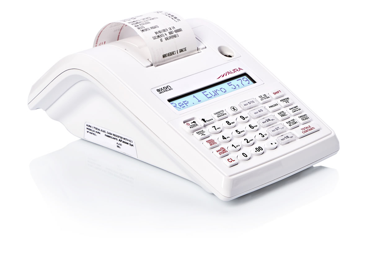 Registratore di cassa Axon Micrelec Aura bianco con scontrino stampato e display che segna «Rep. 1 Euro 5,79